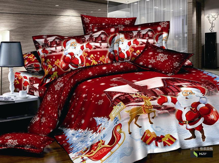 3D 4pcs Red Santa Claus Bedding Duvet Cover Sheet Set