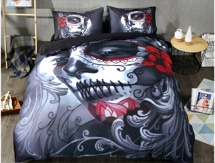 3D Printed Gothic Skull Woman Flower Bedding Set