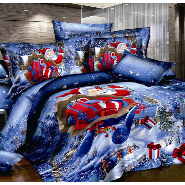4pcs Santa Claus Christmas Blue Bedding Duvet Set