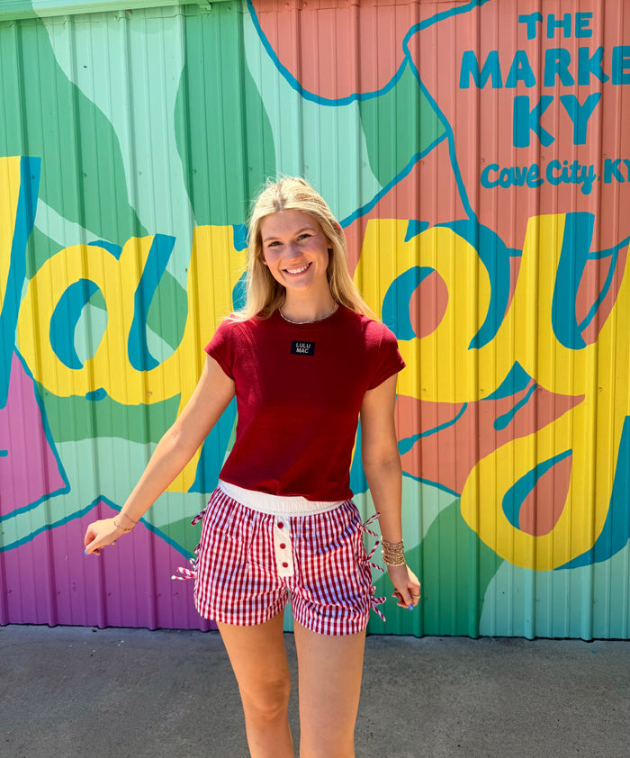 LuluMac Button Bow Gingham Boxer Short: Red & White