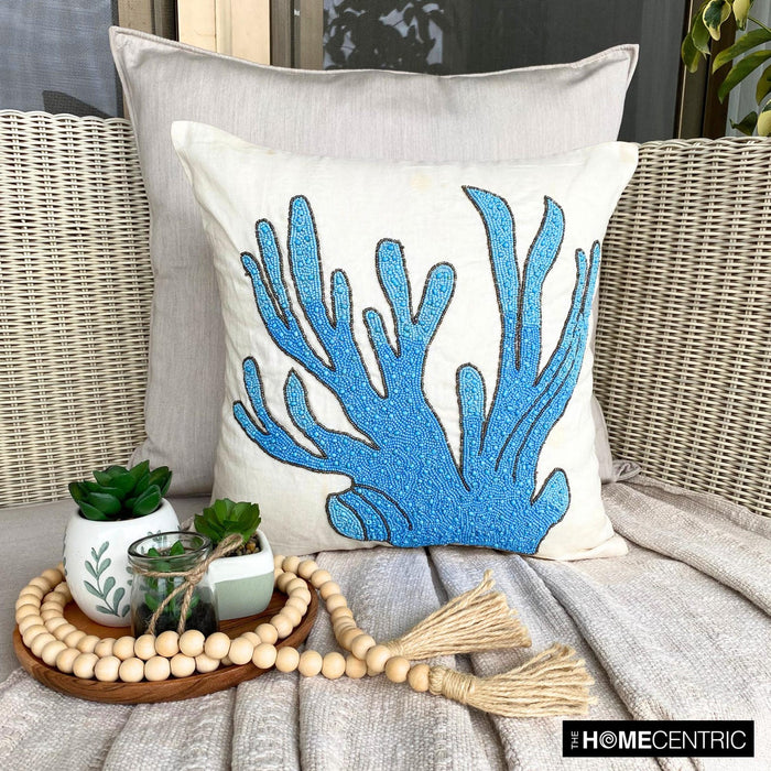 Aqua Blue Cotton Linen Throw Pillow Cover - Coral Treasure