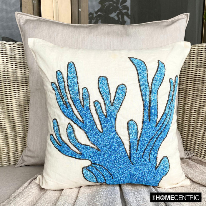 Aqua Blue Cotton Linen Throw Pillow Cover - Coral Treasure