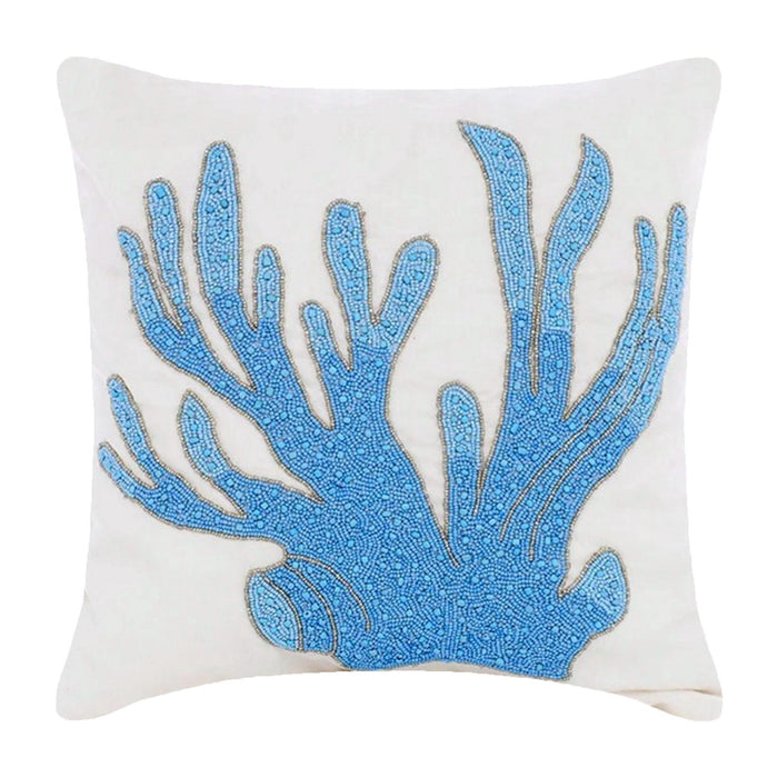Aqua Blue Cotton Linen Throw Pillow Cover - Coral Treasure