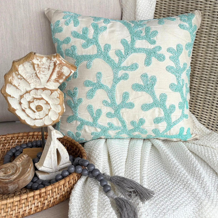 Aqua Blue & White Art Silk Throw Pillow Cover - Sea Weeds
