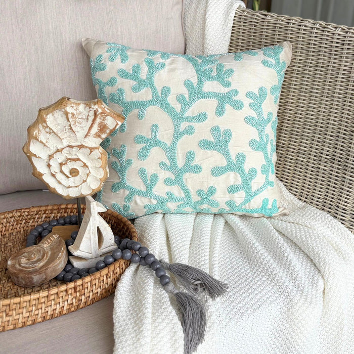 Aqua Blue & White Art Silk Throw Pillow Cover - Sea Weeds