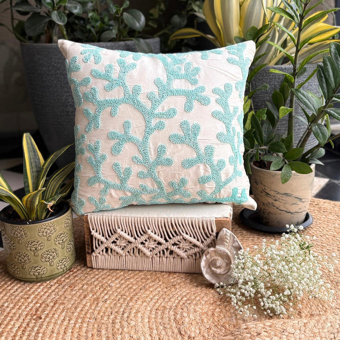Aqua Blue & White Art Silk Throw Pillow Cover - Sea Weeds