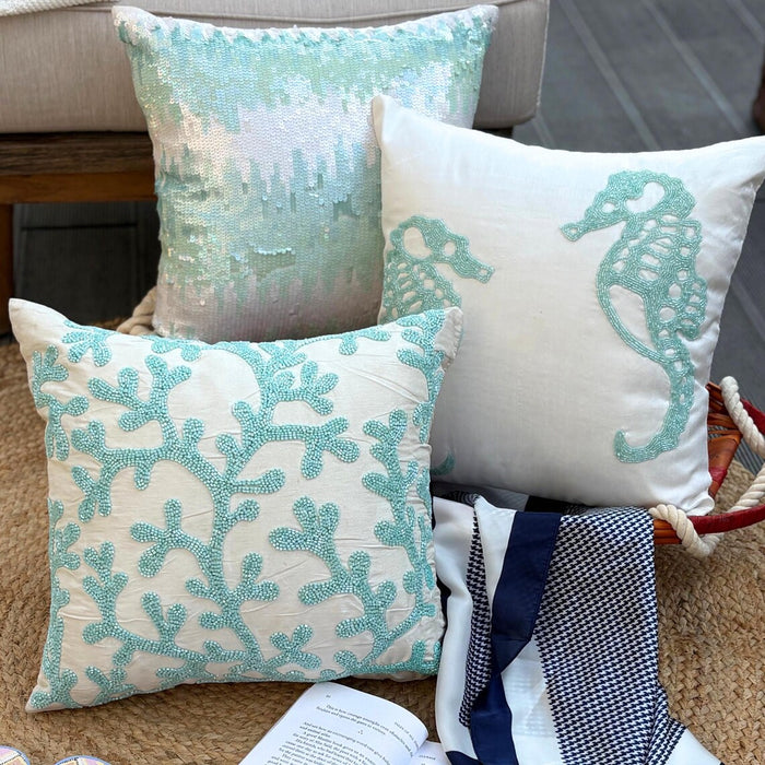 Aqua Blue & White Art Silk Throw Pillow Cover - Sea Weeds