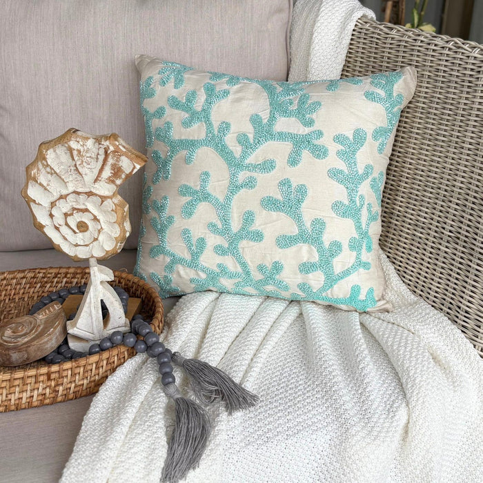 Aqua Blue & White Art Silk Throw Pillow Cover - Sea Weeds