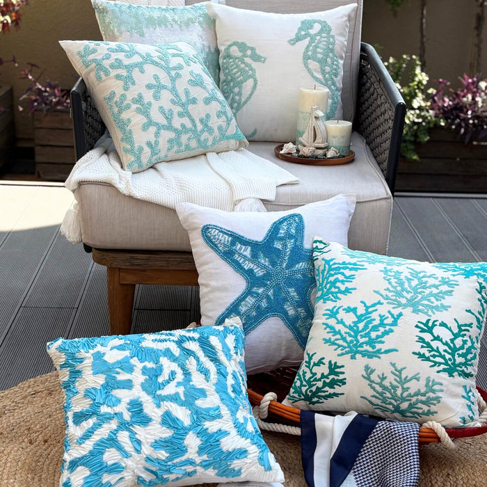 Aqua Blue & White Art Silk Throw Pillow Cover - Sea Weeds