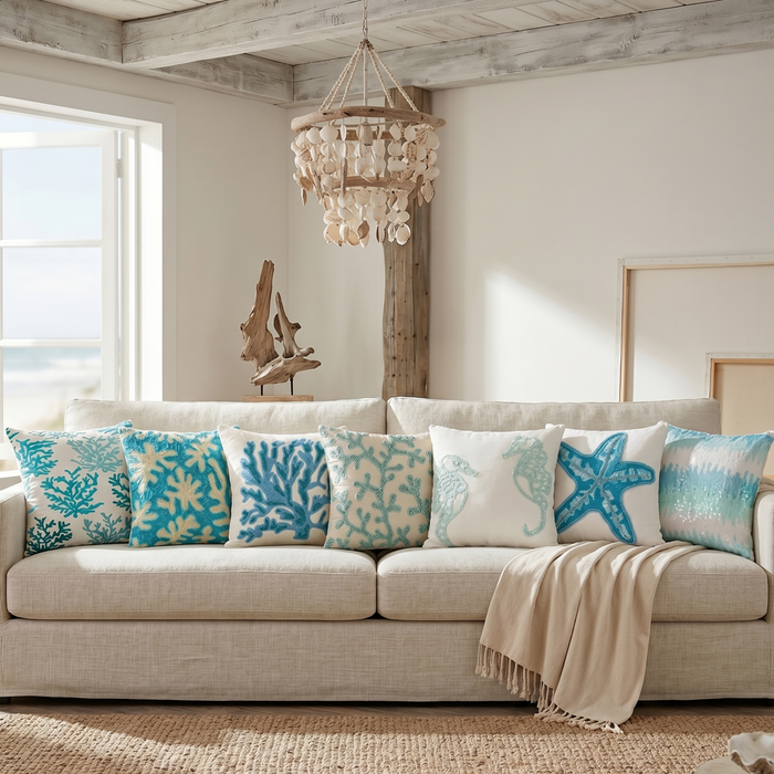 Aqua Blue & White Art Silk Throw Pillow Cover - Sea Weeds