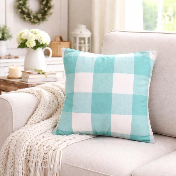Aqua Plaid - Aqua Blue Buffalo Checks Throw Pillow Cover