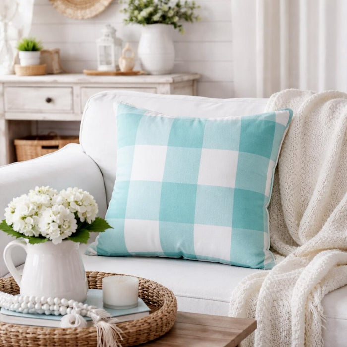 Aqua Plaid - Aqua Blue Buffalo Checks Throw Pillow Cover