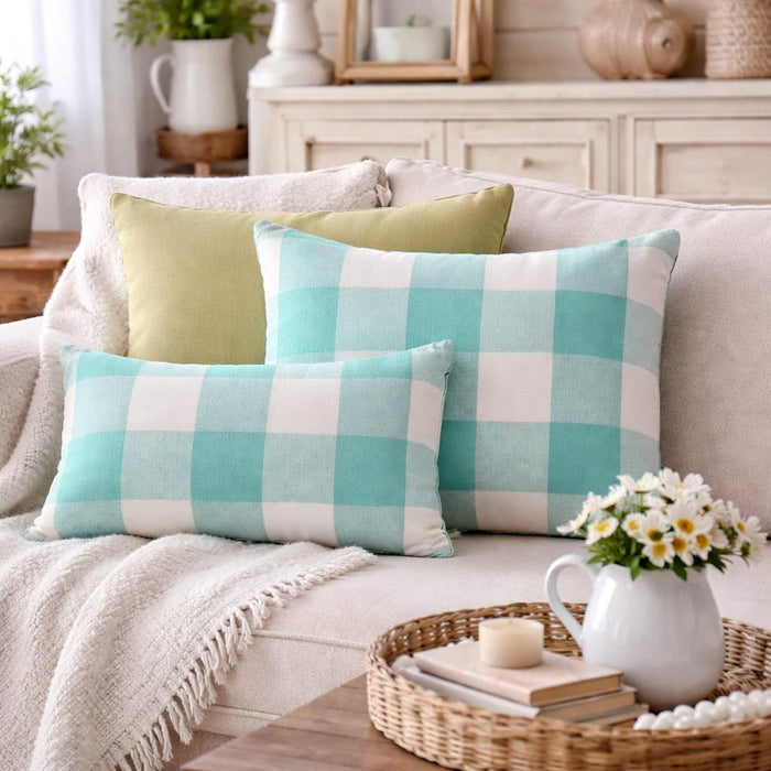 Aqua Plaid - Aqua Blue Buffalo Checks Throw Pillow Cover