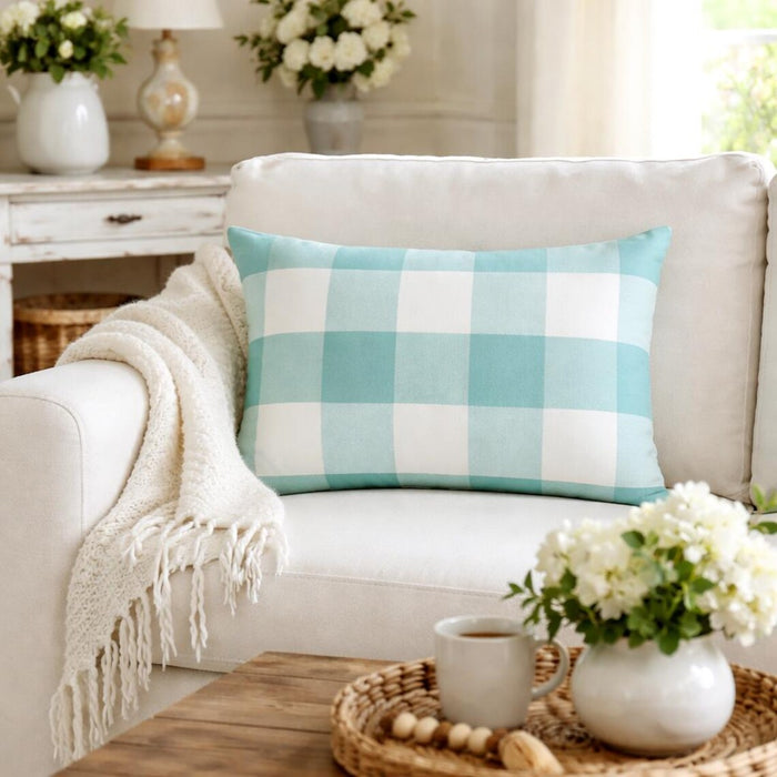 Aqua Plaid - Aqua Blue Buffalo Checks Throw Pillow Cover