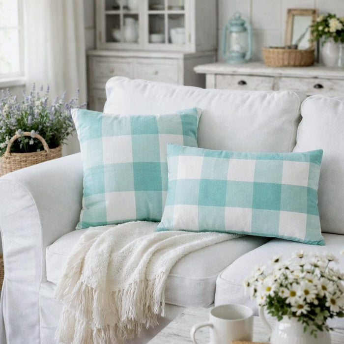 Aqua Plaid - Aqua Blue Buffalo Checks Throw Pillow Cover