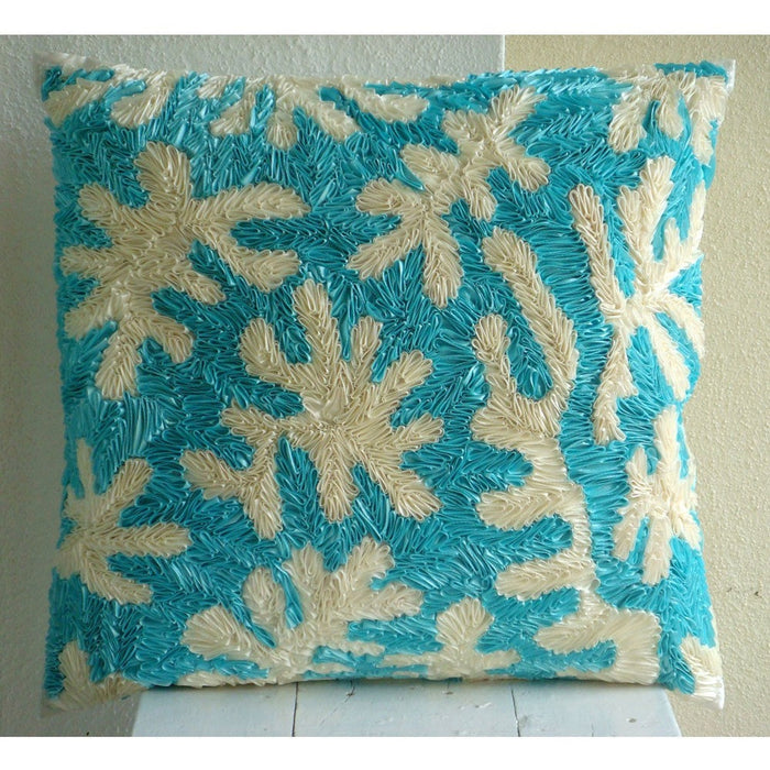 Aquamarine Corals - Blue Art Silk Throw Pillow Cover