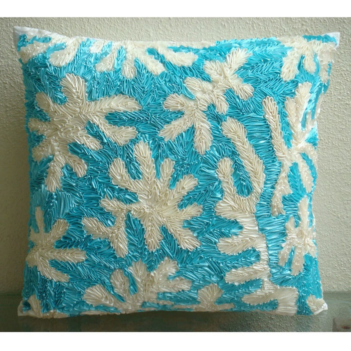 Aquamarine Corals - Blue Art Silk Throw Pillow Cover