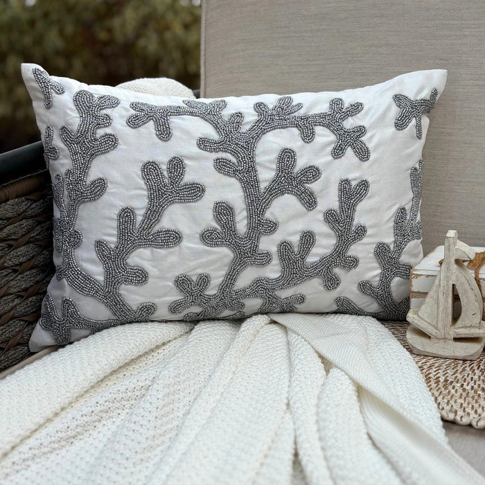 Art Silk White Decorative Lumbar Pillow Cover - Silver Corals