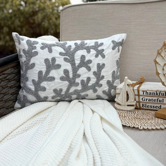 Art Silk White Decorative Lumbar Pillow Cover - Silver Corals