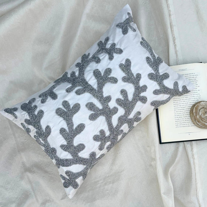 Art Silk White Decorative Lumbar Pillow Cover - Silver Corals