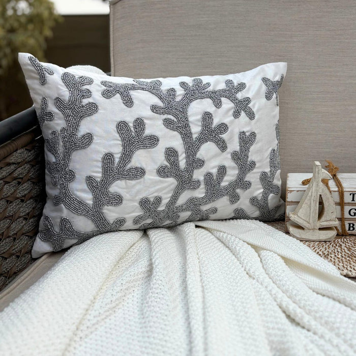 Art Silk White Decorative Lumbar Pillow Cover - Silver Corals