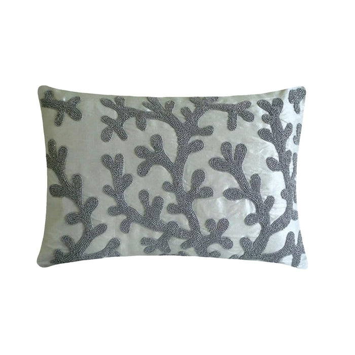 Art Silk White Decorative Lumbar Pillow Cover - Silver Corals