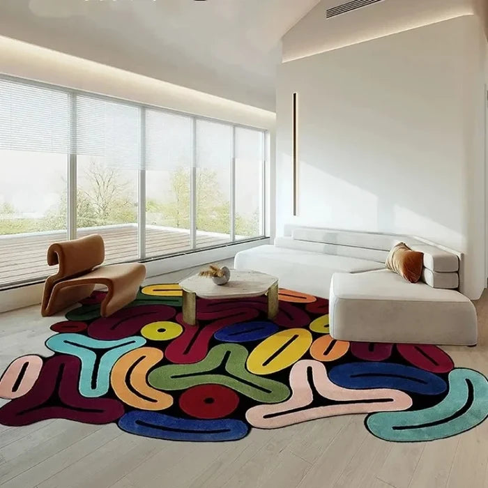 Colorful Artistic Irregular Plush Carpet in a modern living room