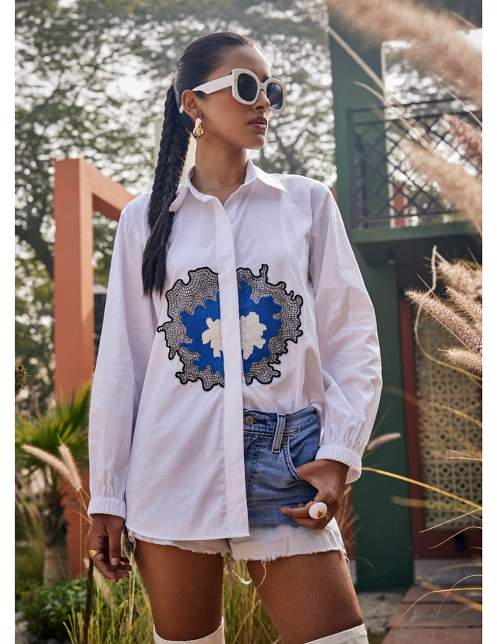 Azure Bloom Embroidered White Shirt