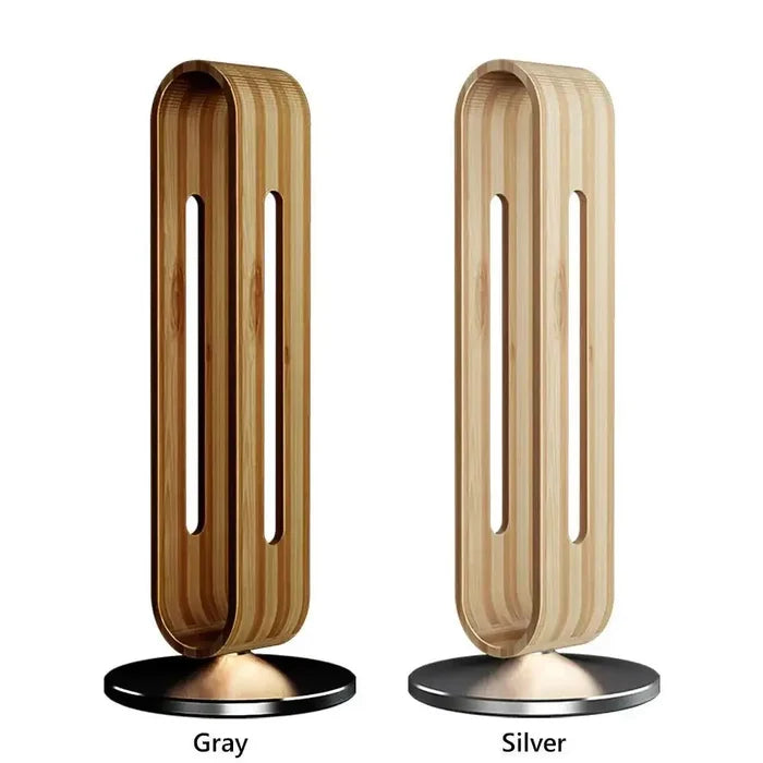 Two sleek Bamboo Headphone Stand designs in gray and silver finishes, showcasing elegant natural wood grain and a space-saving vertical structure for organized headphone storage.