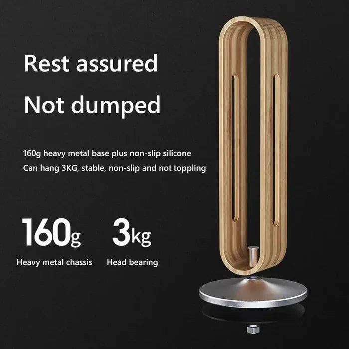 Bamboo Headphone Stand with a heavy metal base and non-slip silicone, designed to hold up to 3kg securely while adding a handmade, elegant touch to home interior decor.