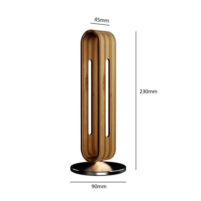 Bamboo Headphone Stand made from high-quality wood, featuring a sleek space-saving design with precise dimensions, perfect for organizing headphones in stylish home decor.