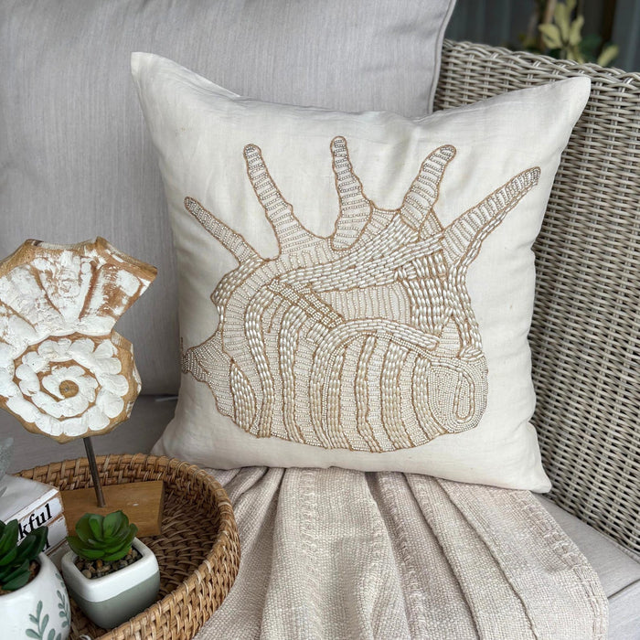 Beige Cotton Linen Throw Pillow Cover - Royal Sea Shell