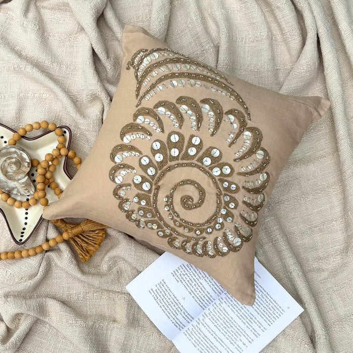 Beige Cotton Linen Throw Pillow Cover - Shell Burst