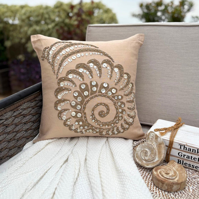 Beige Cotton Linen Throw Pillow Cover - Shell Burst