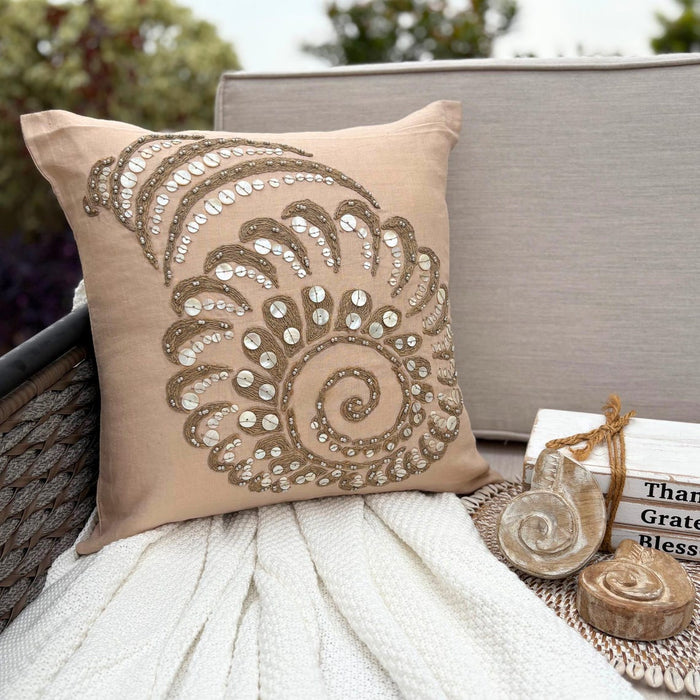Beige Cotton Linen Throw Pillow Cover - Shell Burst
