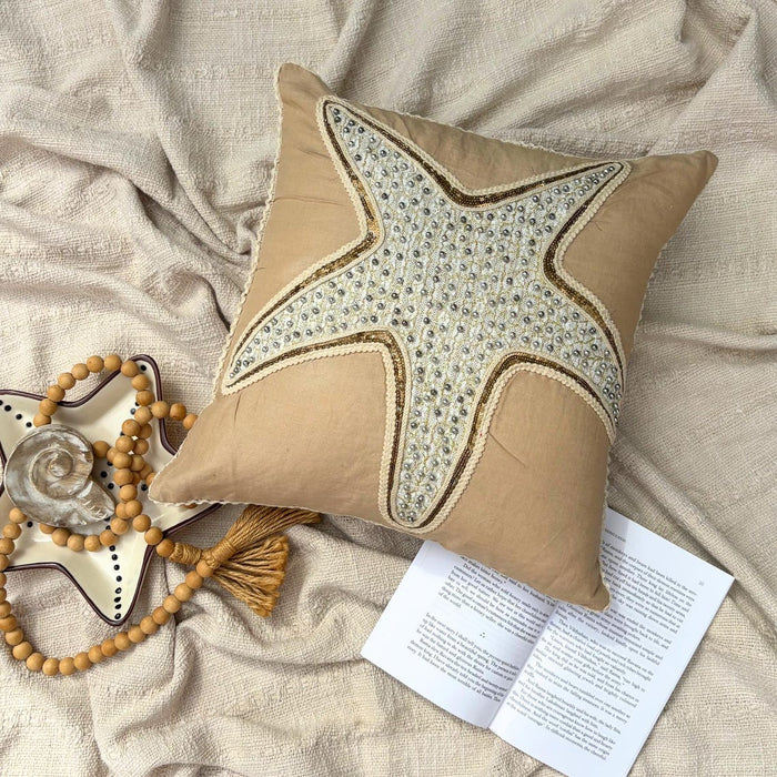 Beige Linen Throw Pillow Cover - Starfish Spectrum