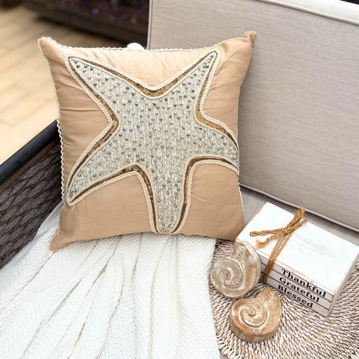 Beige Linen Throw Pillow Cover - Starfish Spectrum