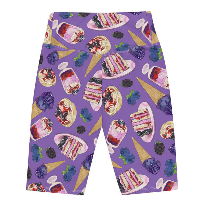 Berry kawaii biker shorts in violet with plump blackberries and leaf-tucked blueberries