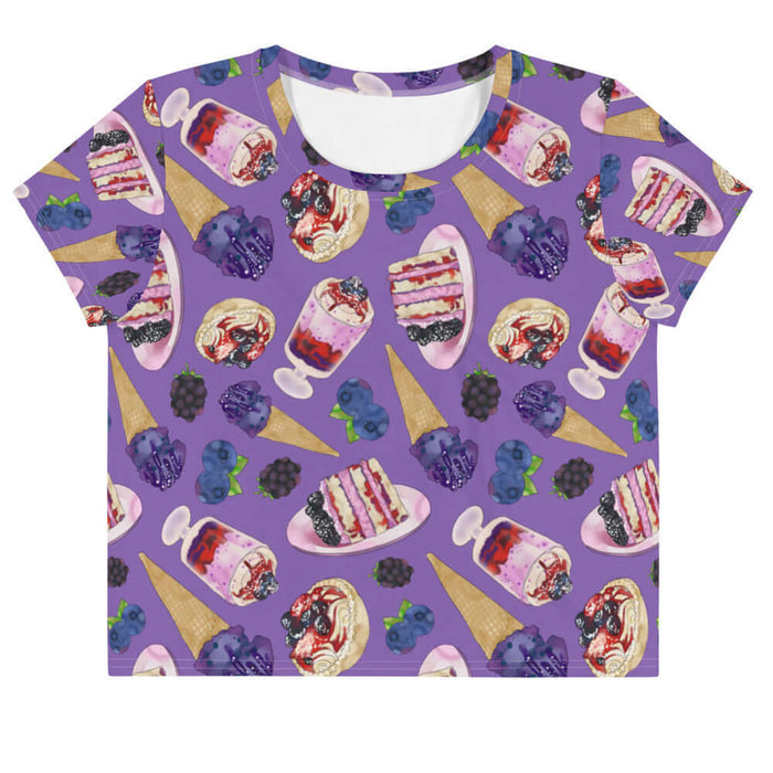 Berry kawaii crop top in violet with leaf-tucked blueberries and glossy jam tarts