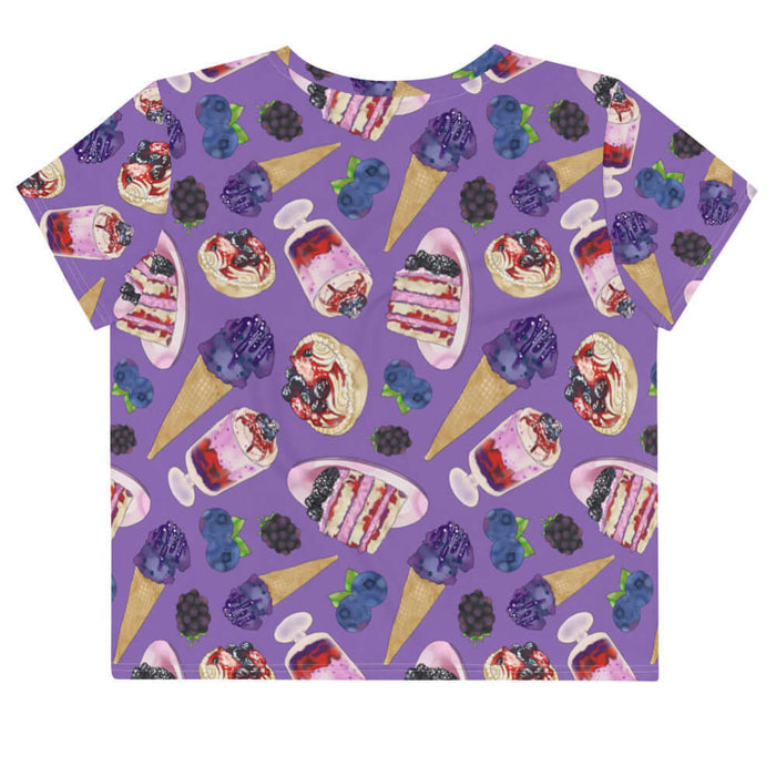 Berry kawaii crop top in violet with glossy jam tarts and green leaf sprigs