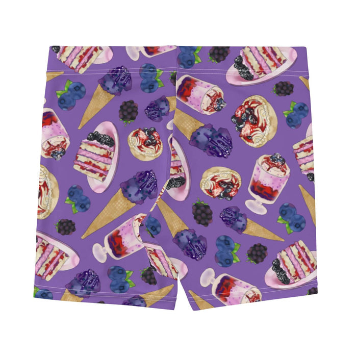 Berry kawaii shorts in violet with green leaf sprigs and berry parfaits