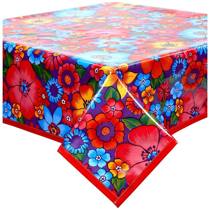 freckled sage betty's bunch purple oilcloth tablecloth with solid red trim