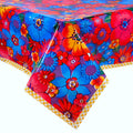 freckled sage betty's bunch purple oilcloth tablecloth with yellow gingham trim
