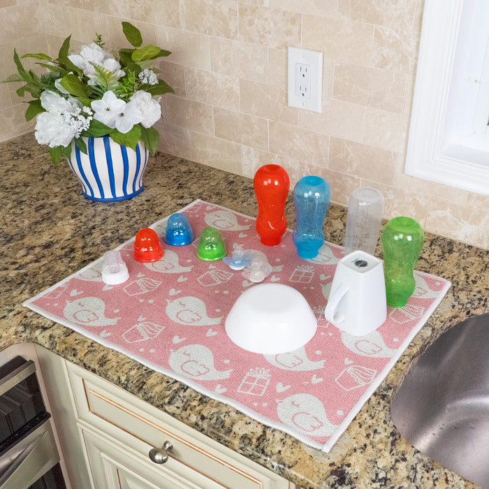 Bird Pattern Large Dish Drying Mat for Kitchen Counter |24 x 18 x 0.25 Inches | Pink