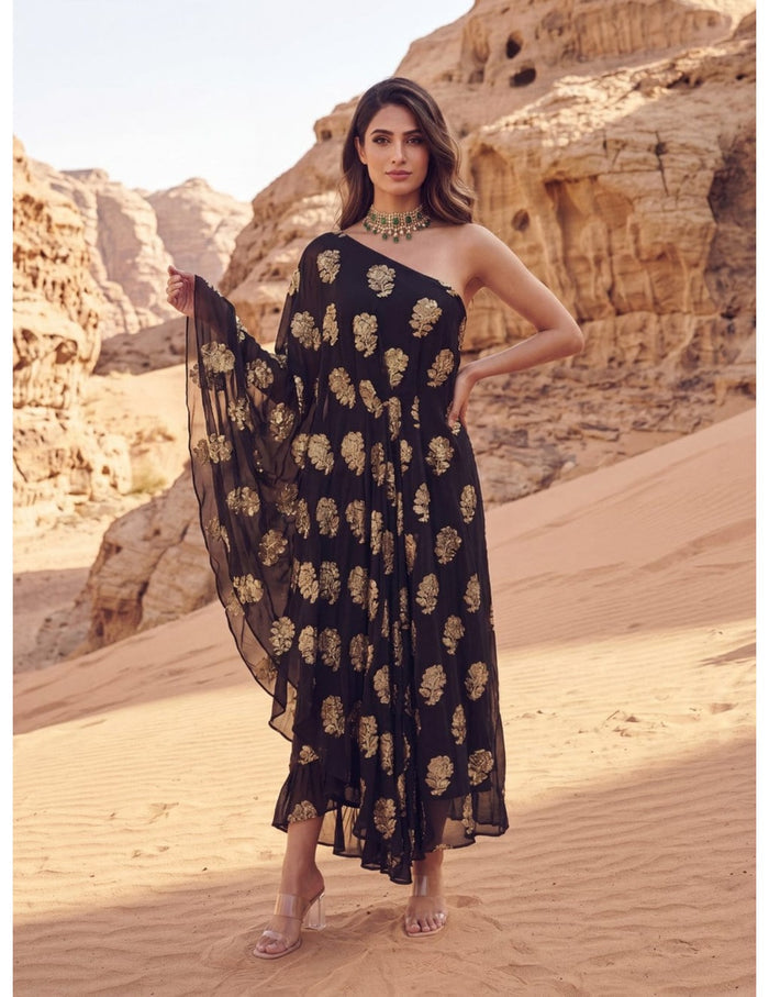 Black One Shoulder Midi Dress