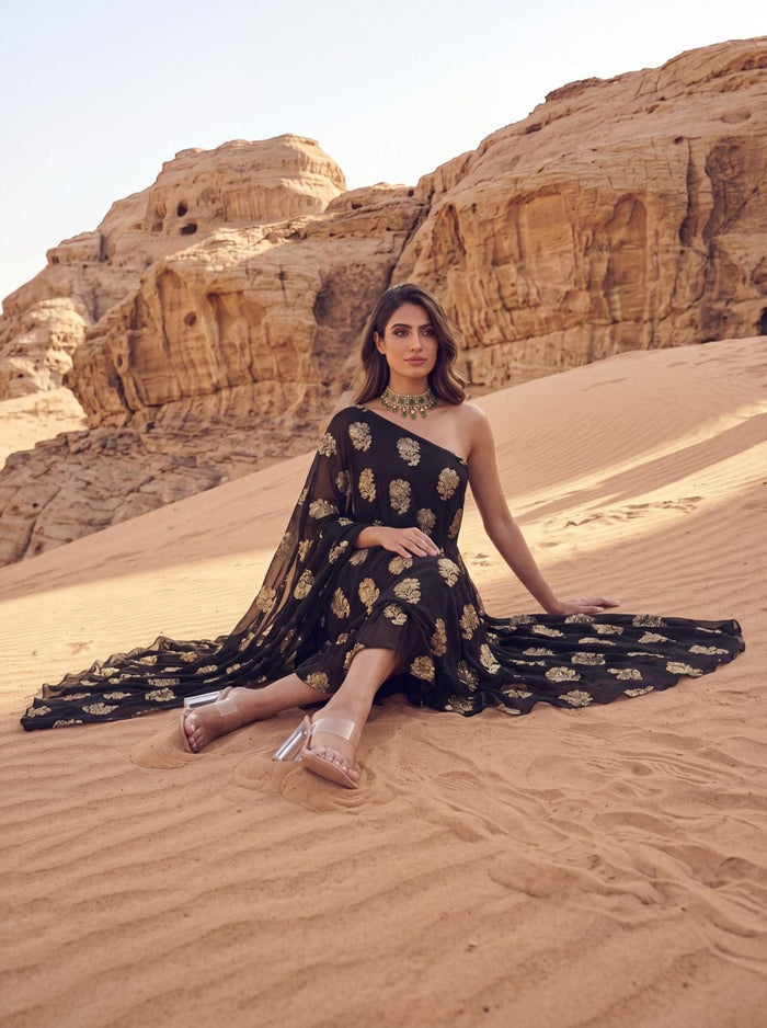 Black One Shoulder Midi Dress