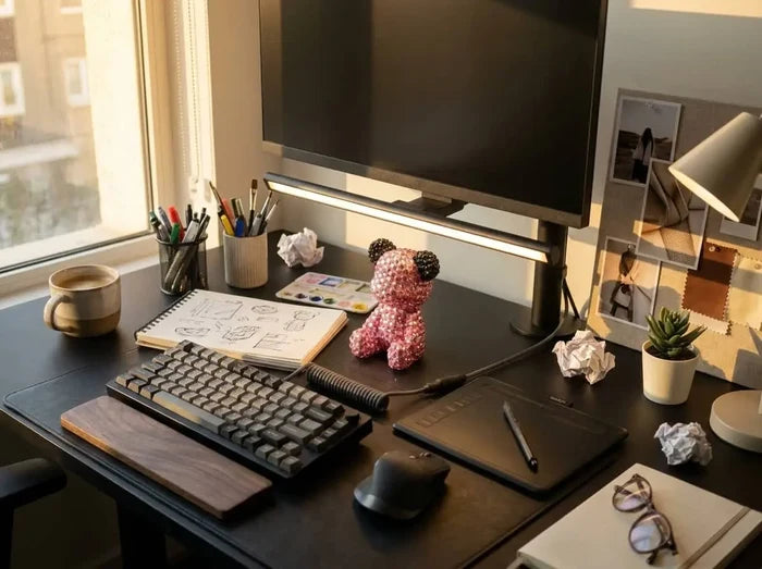 Handcrafted pink bear figurine on cozy home office desk with keyboard, monitor, and succulent plant