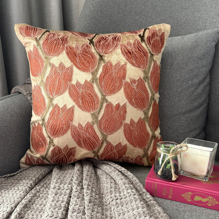 Blooming Tulips - Pearl Beige Velvet Decorative Euro Sham