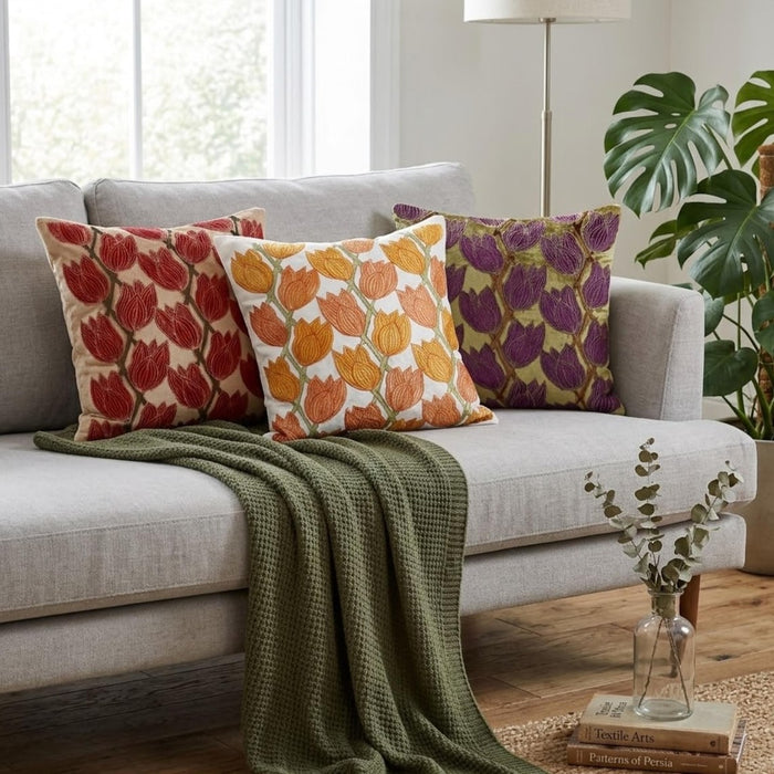 Blooming Tulips - Pearl Beige Velvet Decorative Euro Sham