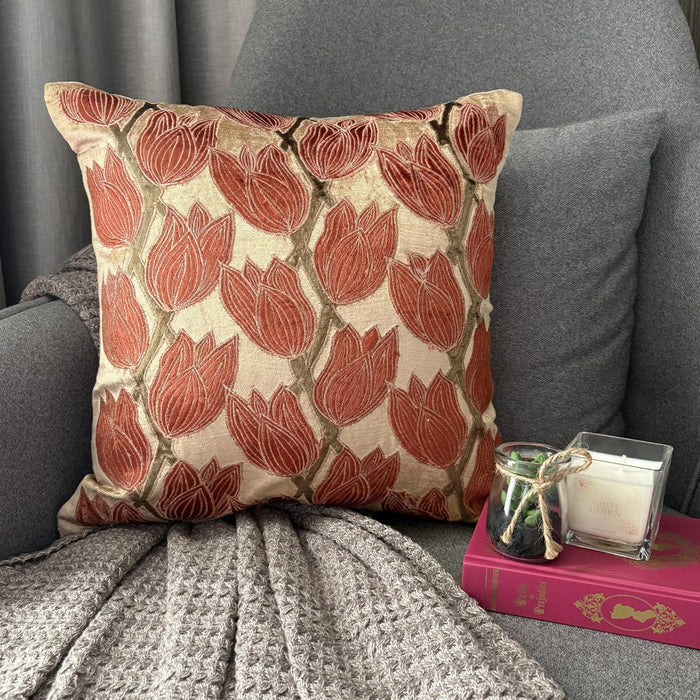 Blooming Tulips - Pearl Beige Velvet Throw Pillow Cover